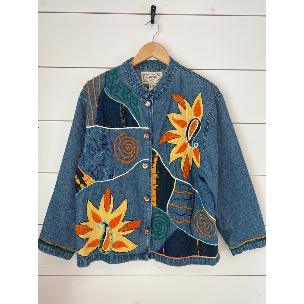 Tantrums Vintage Denim Jacket Embroidered Patchwork Sun Paisley Blue Large boho